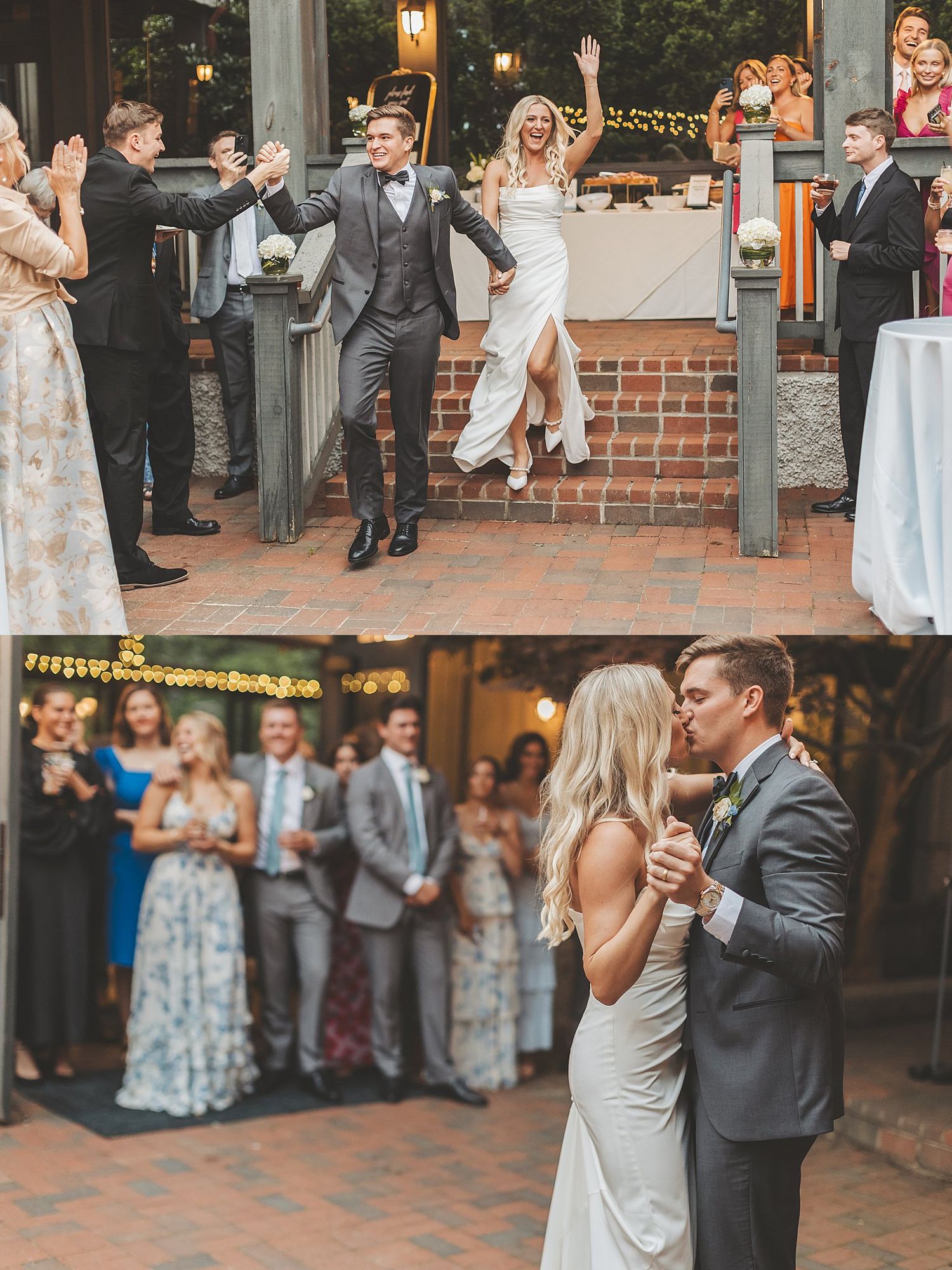 Joyful wedding reception moments captured during entrance and first dance.