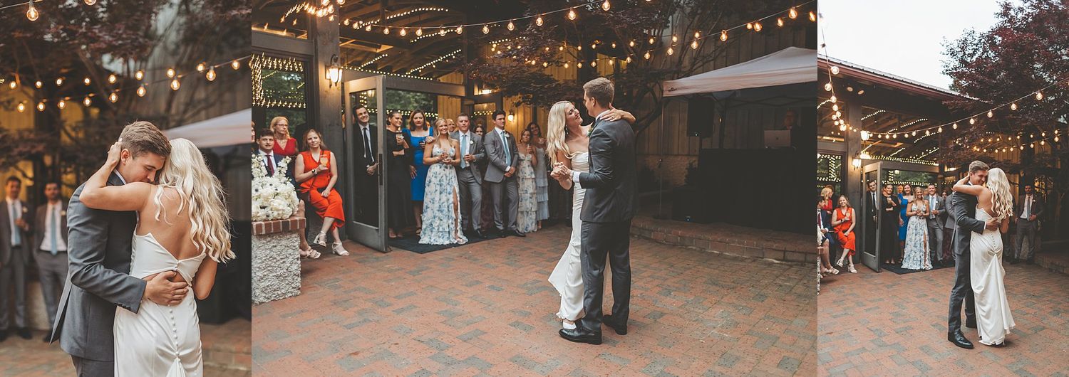 Romantic evening wedding dance on brick patio under string lights.