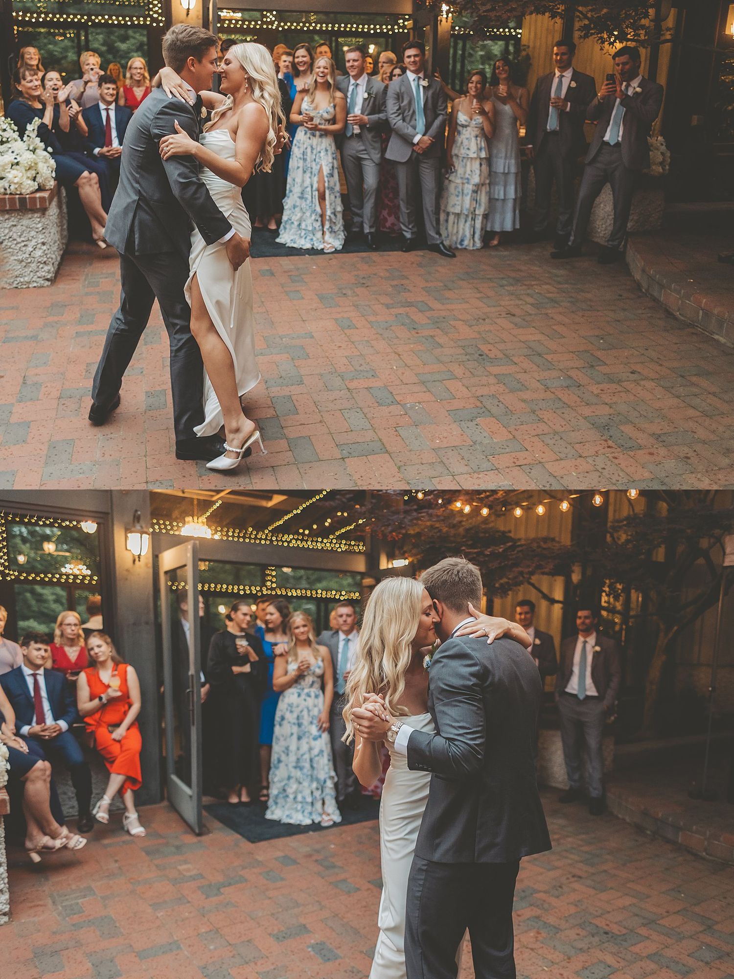 Romantic wedding dance captured from multiple angles on brick patio.