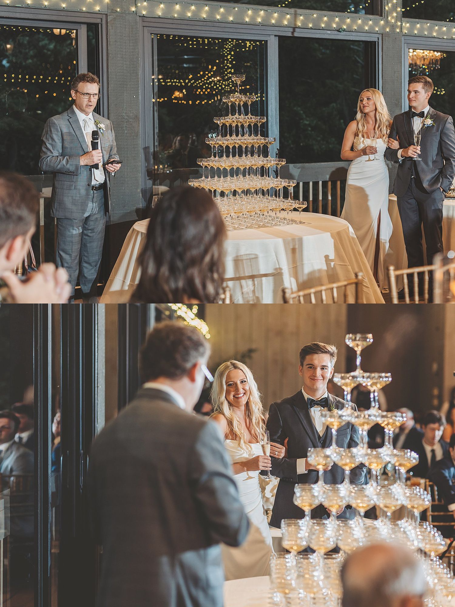 Champagne tower and toast ceremony at elegant wedding reception.