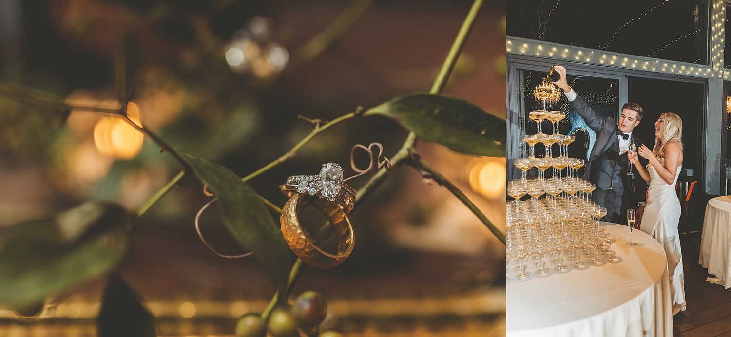 String lights and decorative details create a romantic ambiance at an outdoor wedding reception.
