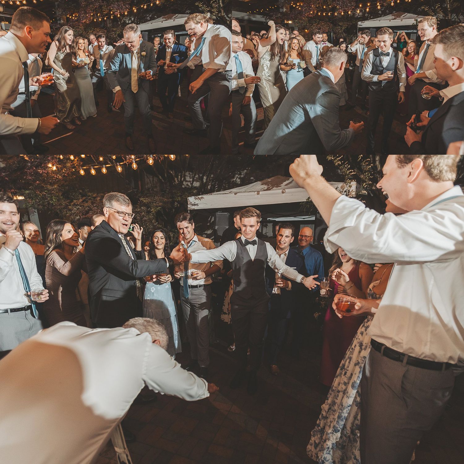 Wedding guests dance and celebrate on a lively dance floor under twinkling lights.