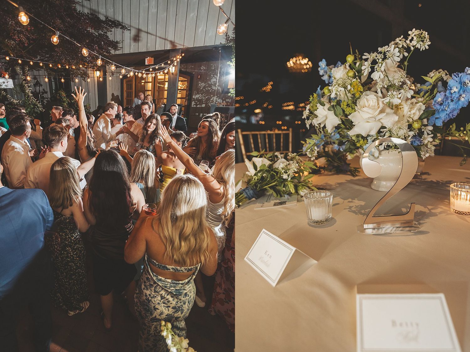 Elegant table settings with floral centerpieces at a wedding reception under string lights.