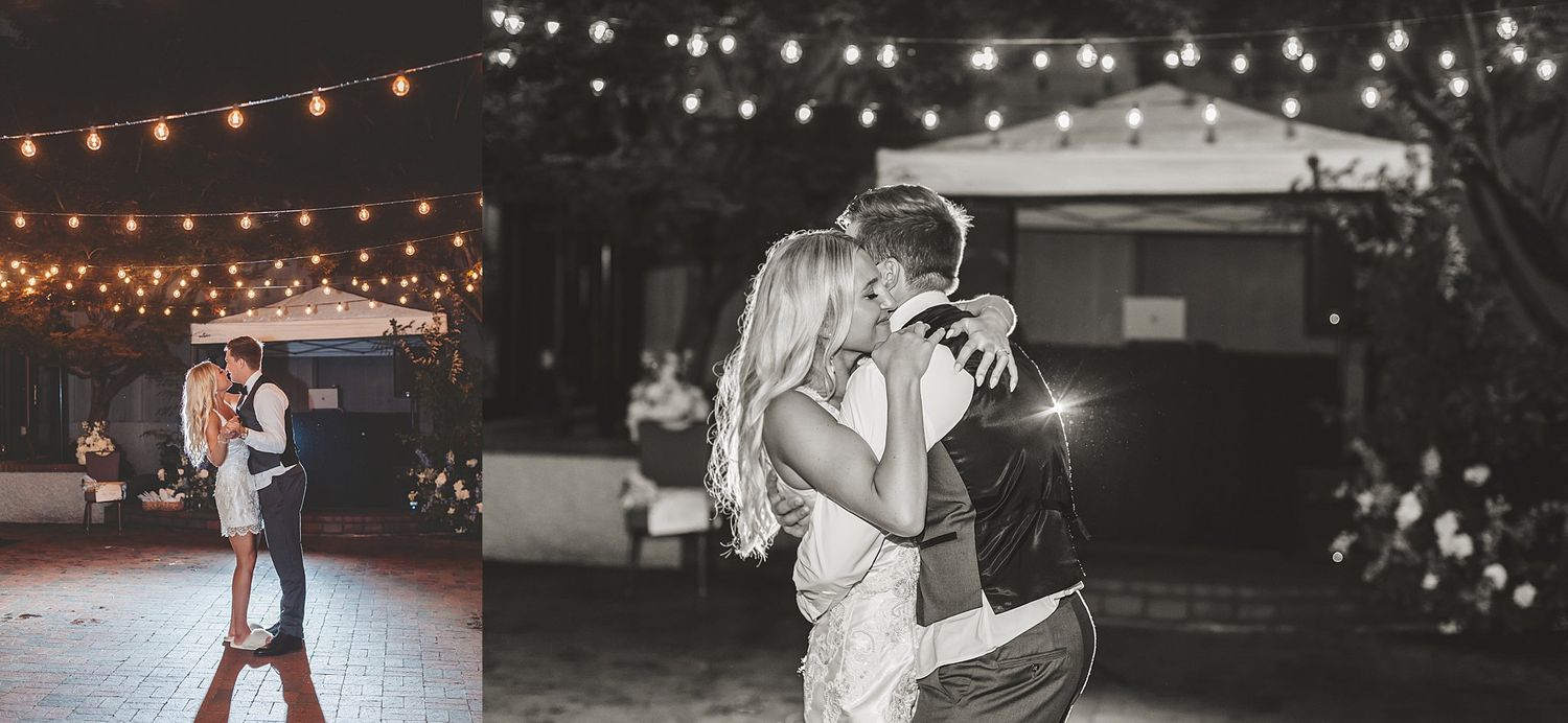 Black and white dance floor moments captured during an evening wedding reception.