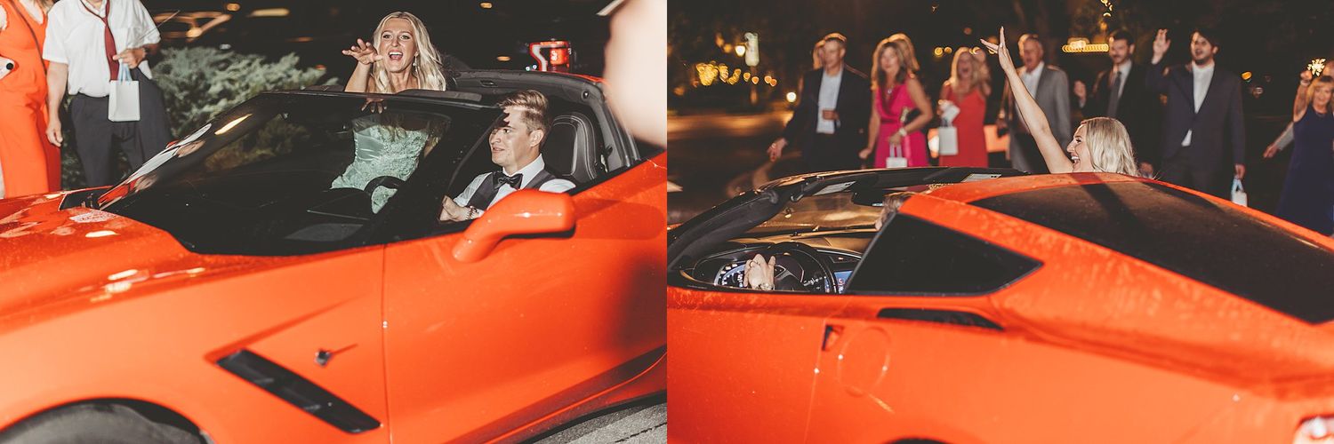 Bright orange sports car decorated for wedding departure.