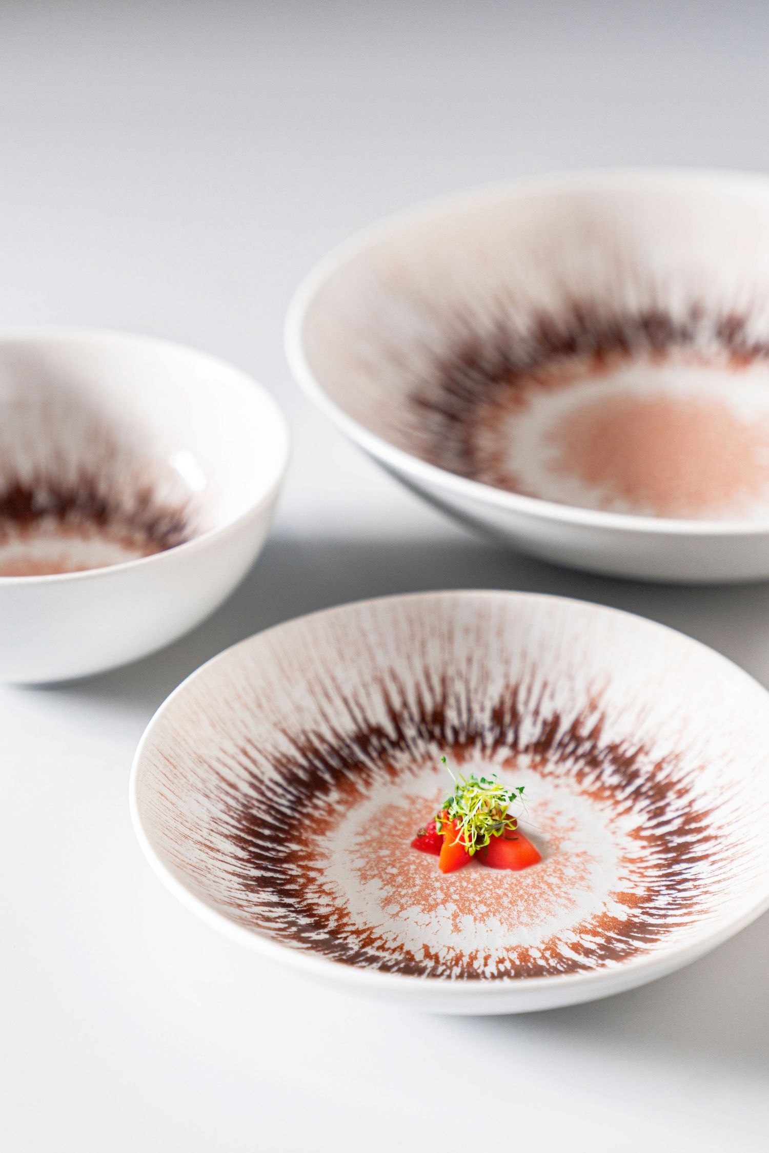Porcelain collection Spheres with digital print in various earthy tones and radial patterns.