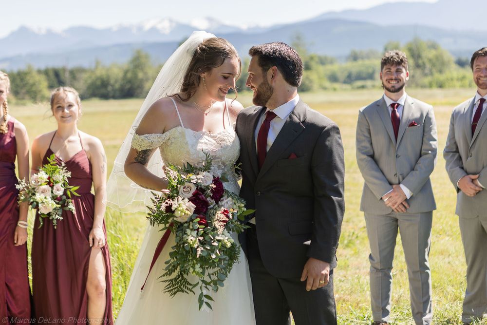 Wedding party in burgundy dresses and grey suits poses together in a scenic mountain meadow on a sunny day.