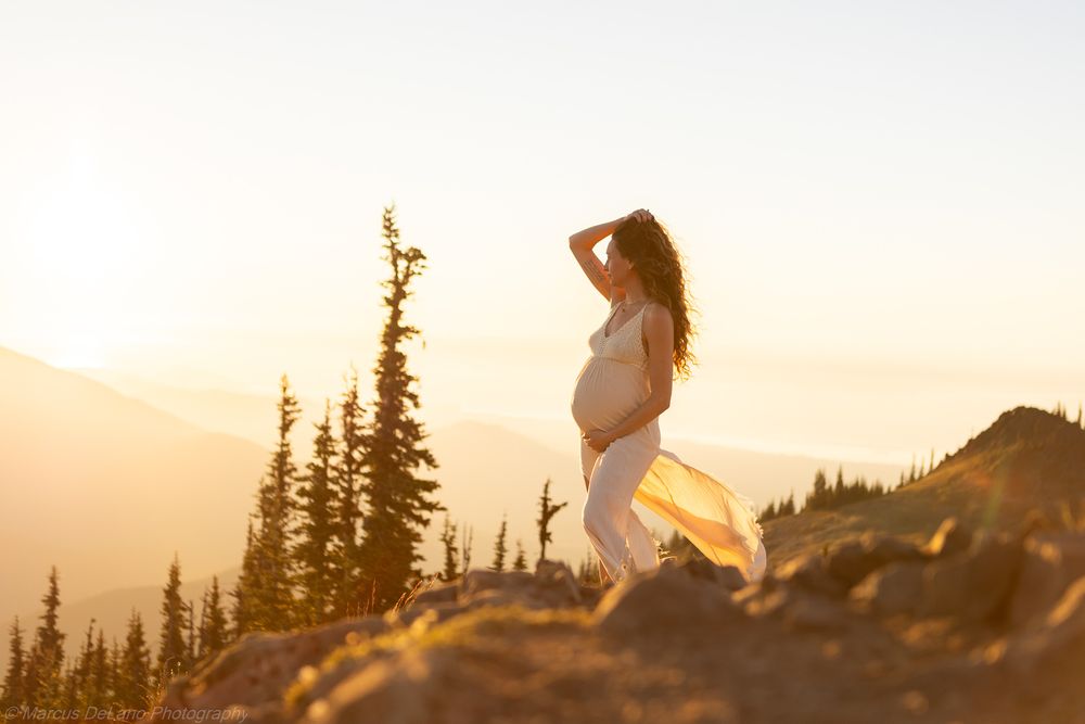 Silhouette of a pregnant woman in white dress standing on mountain peak at sunset with evergreen trees in background.