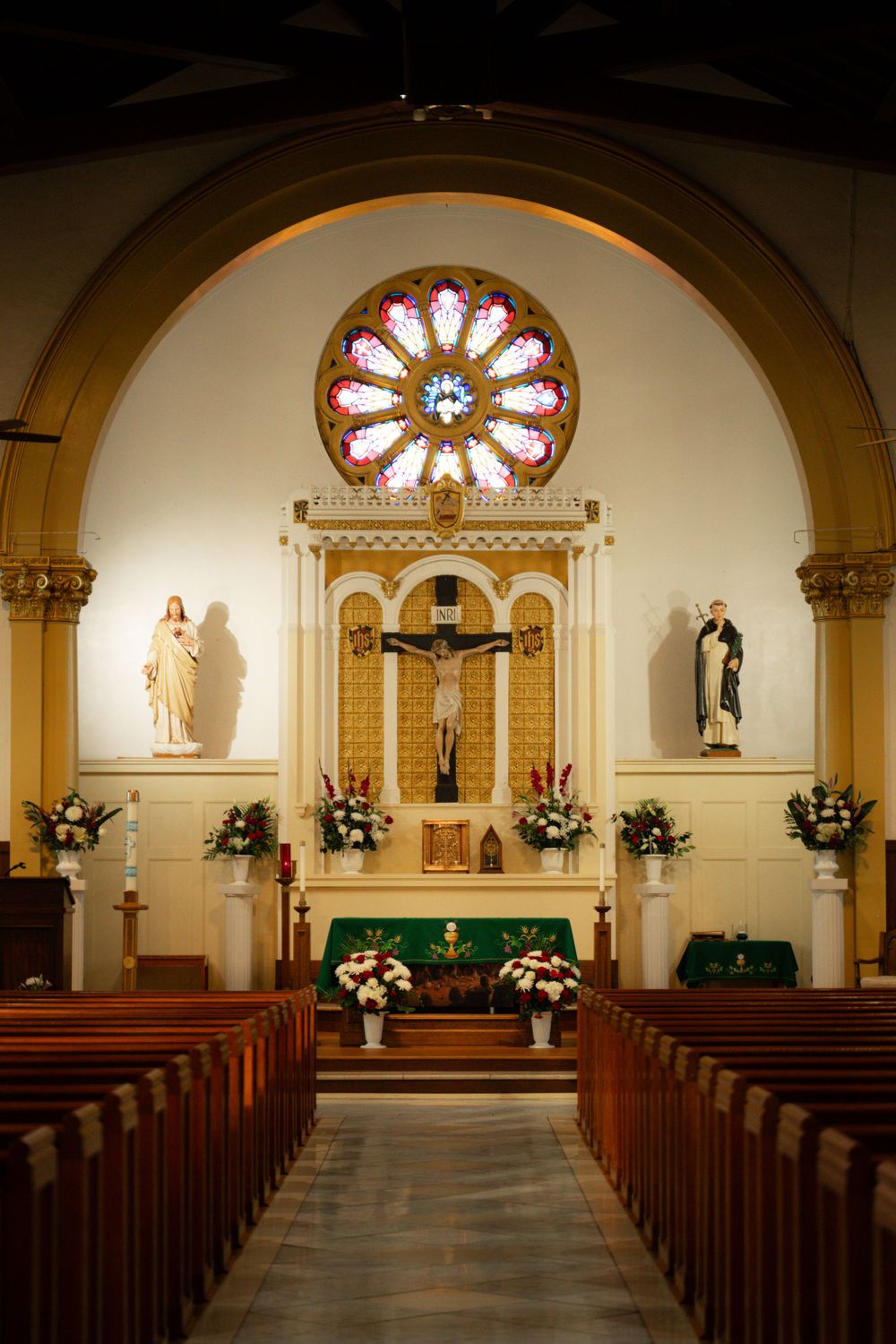 Interior shots of a traditional church sanctuary with stained glass windows and wooden pews.