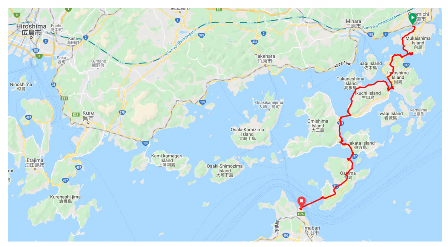 Map route showing elevation changes along a coastal path with topographical details.