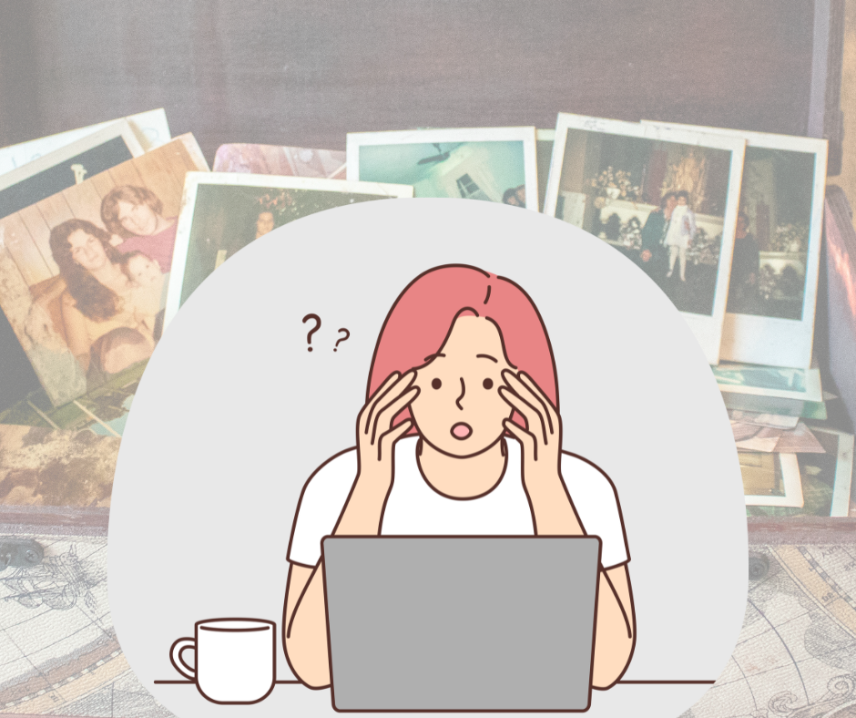 Confused person at computer with photos