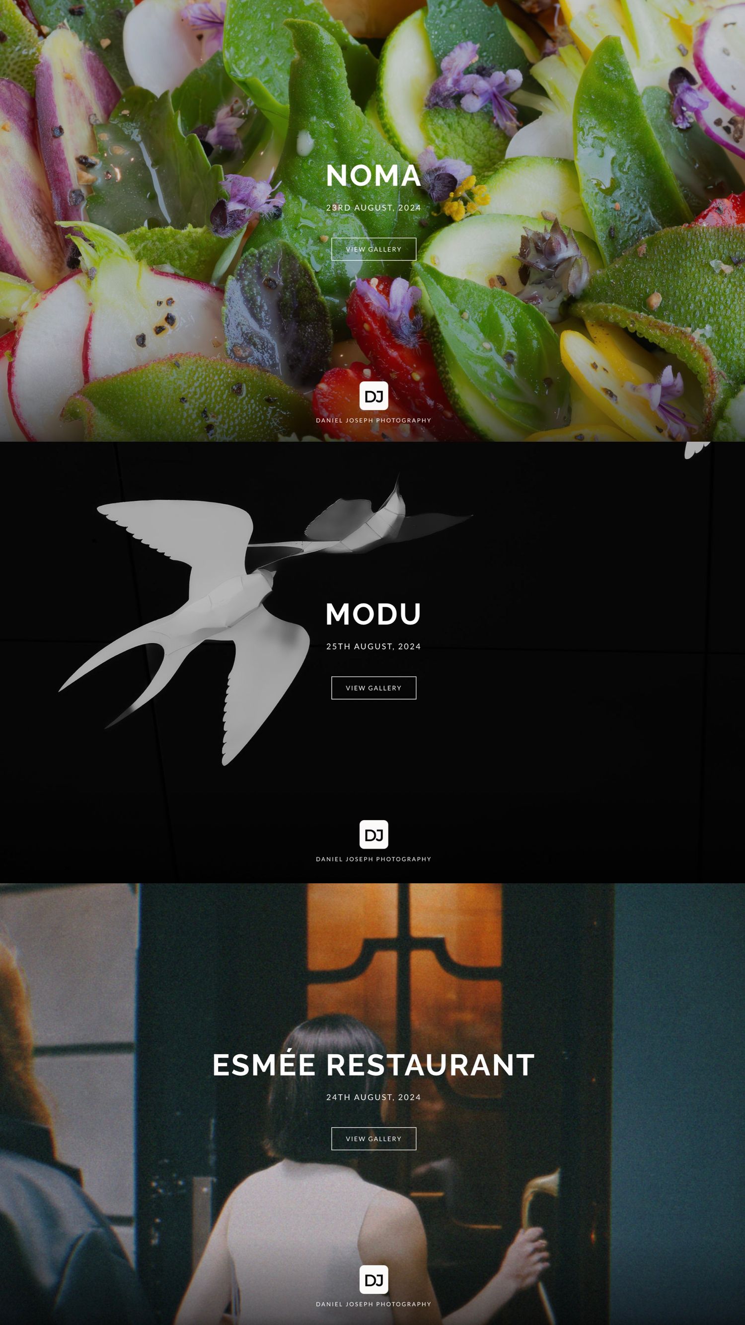 Three restaurant website previews showing Noma's fresh salad, Modu's bird logo, and Esmee's interior.