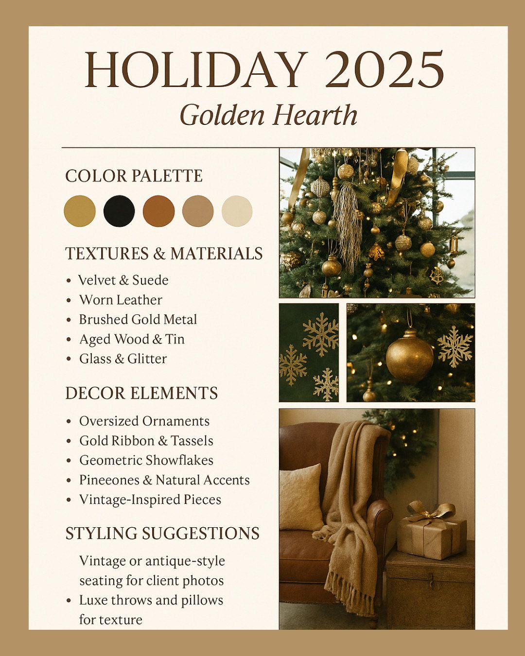 Holiday 2025 design mood board featuring golden and brown color palette with vintage styling elements.