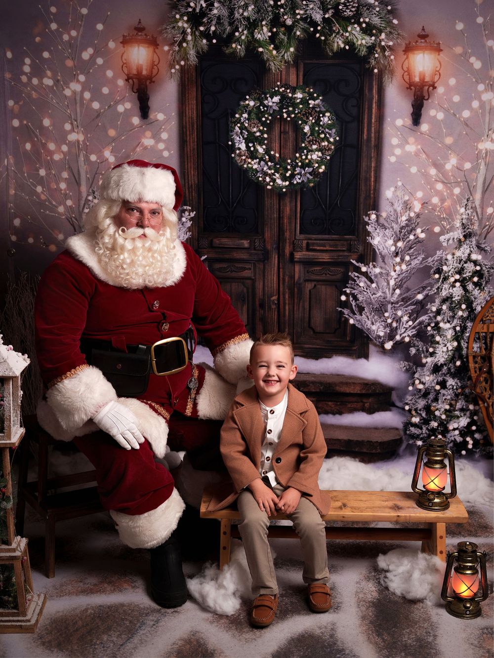 A magical Christmas scene with Santa sitting on a rustic bench surrounded by snow-covered trees and glowing lanterns.