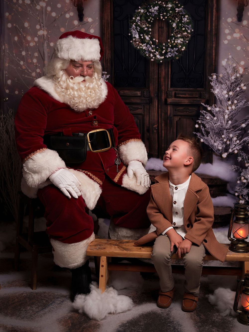A heartwarming sequence of photos showing a child in a brown coat meeting Santa Claus in a festive holiday setting.