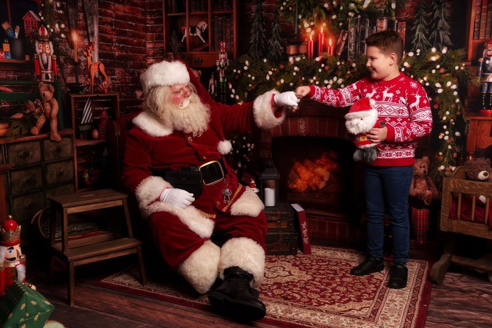 A magical Christmas scene with festive sweaters and twinkling lights in the background.