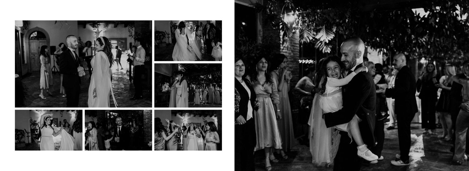 Black and white collage of wedding guests dancing and celebrating at a lively reception.