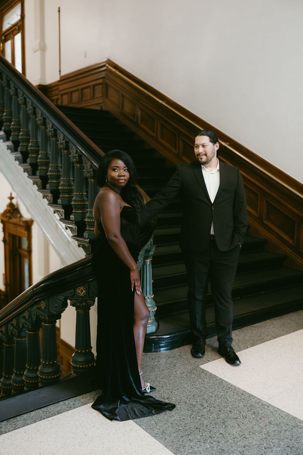 A sequence of photos showing people posing on an elegant staircase with dark wooden banisters and white walls.