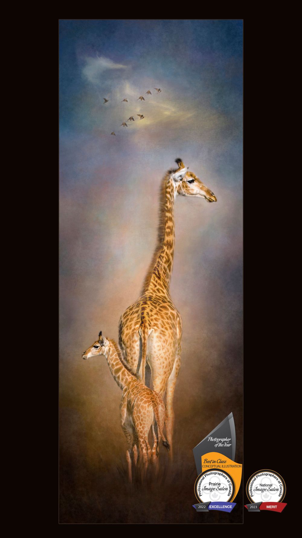 A painting of a mother giraffe and baby giraffe standing together against a misty sky with birds flying overhead.