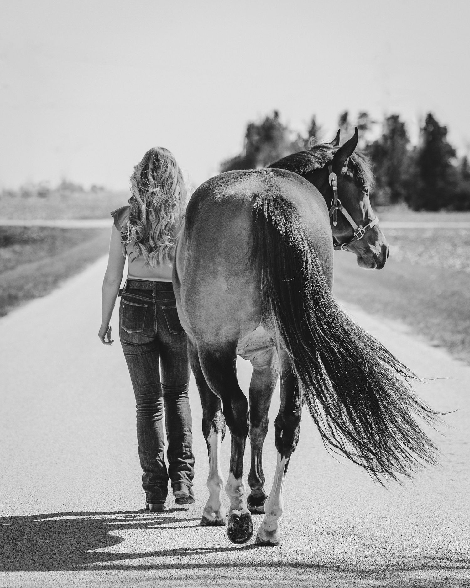 Senior walking her horse down the road