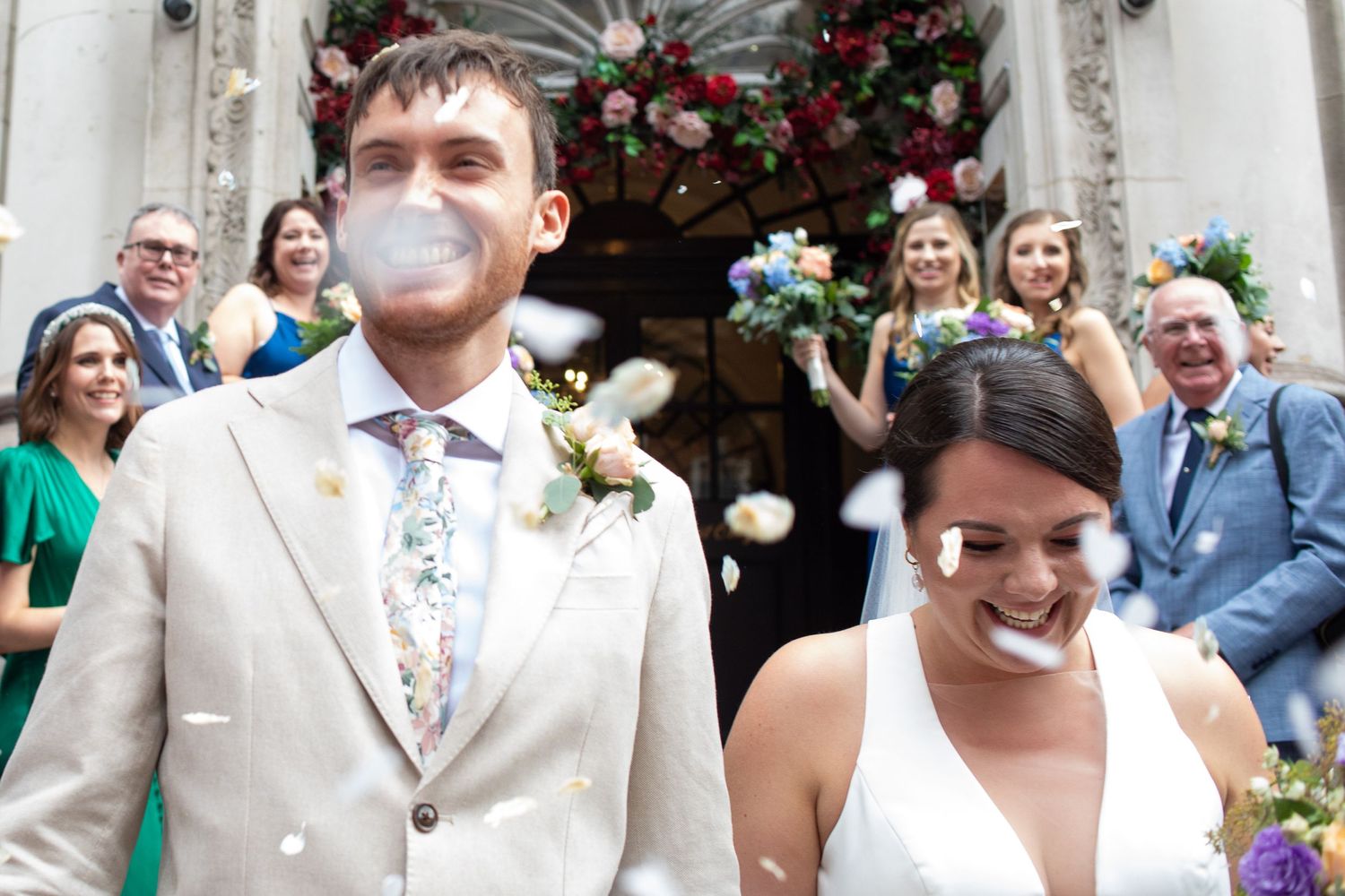 Bride and groom at Chelsea old town hall confetti shot