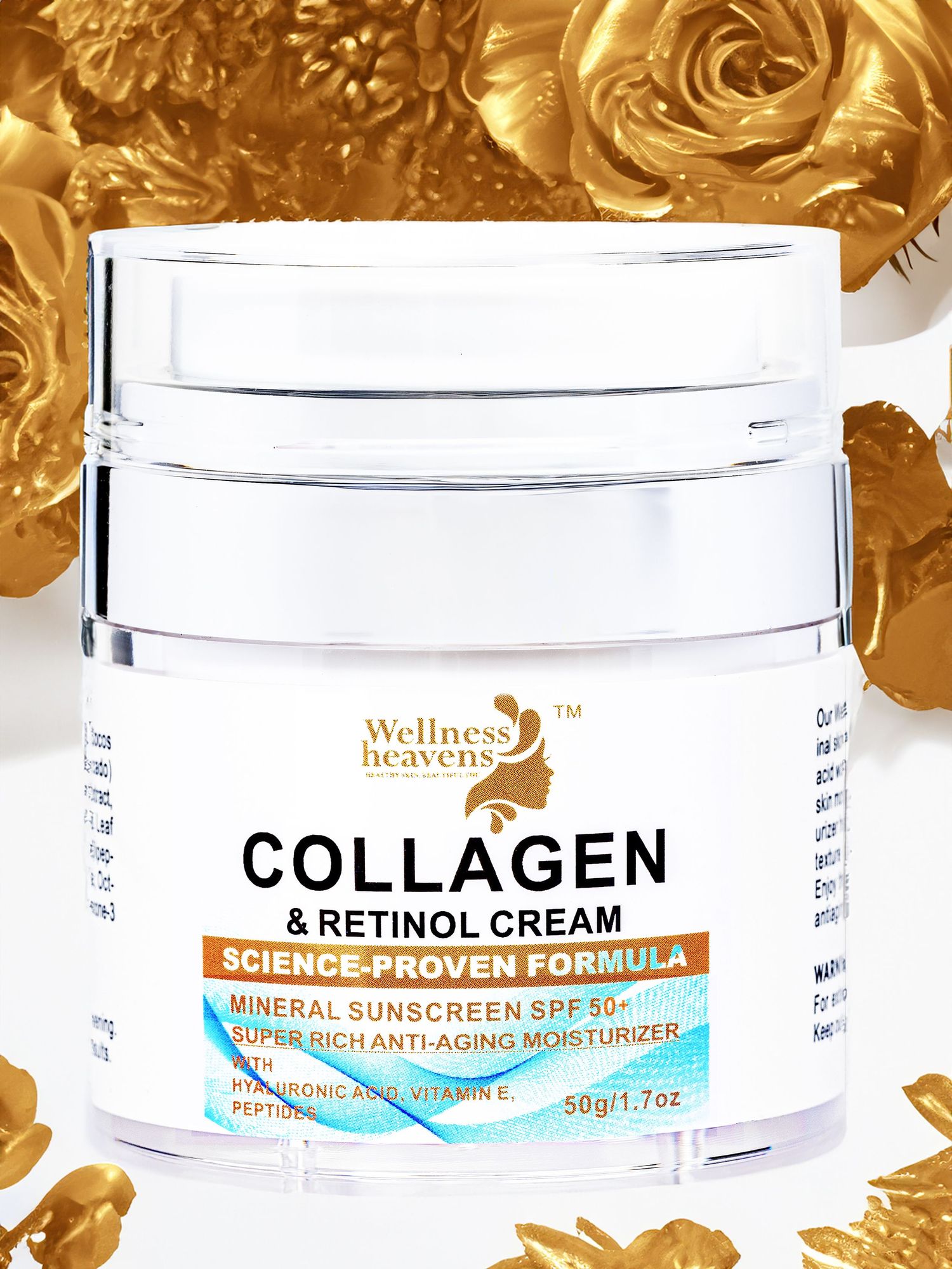 White jar of collagen and retinol cream with mineral sunscreen SPF 50 against a golden rose background.