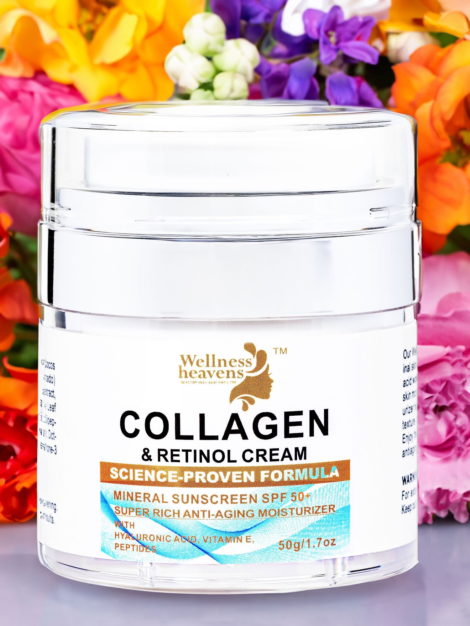 White jar of collagen and retinol cream with SPF skincare product displayed against colorful floral background.