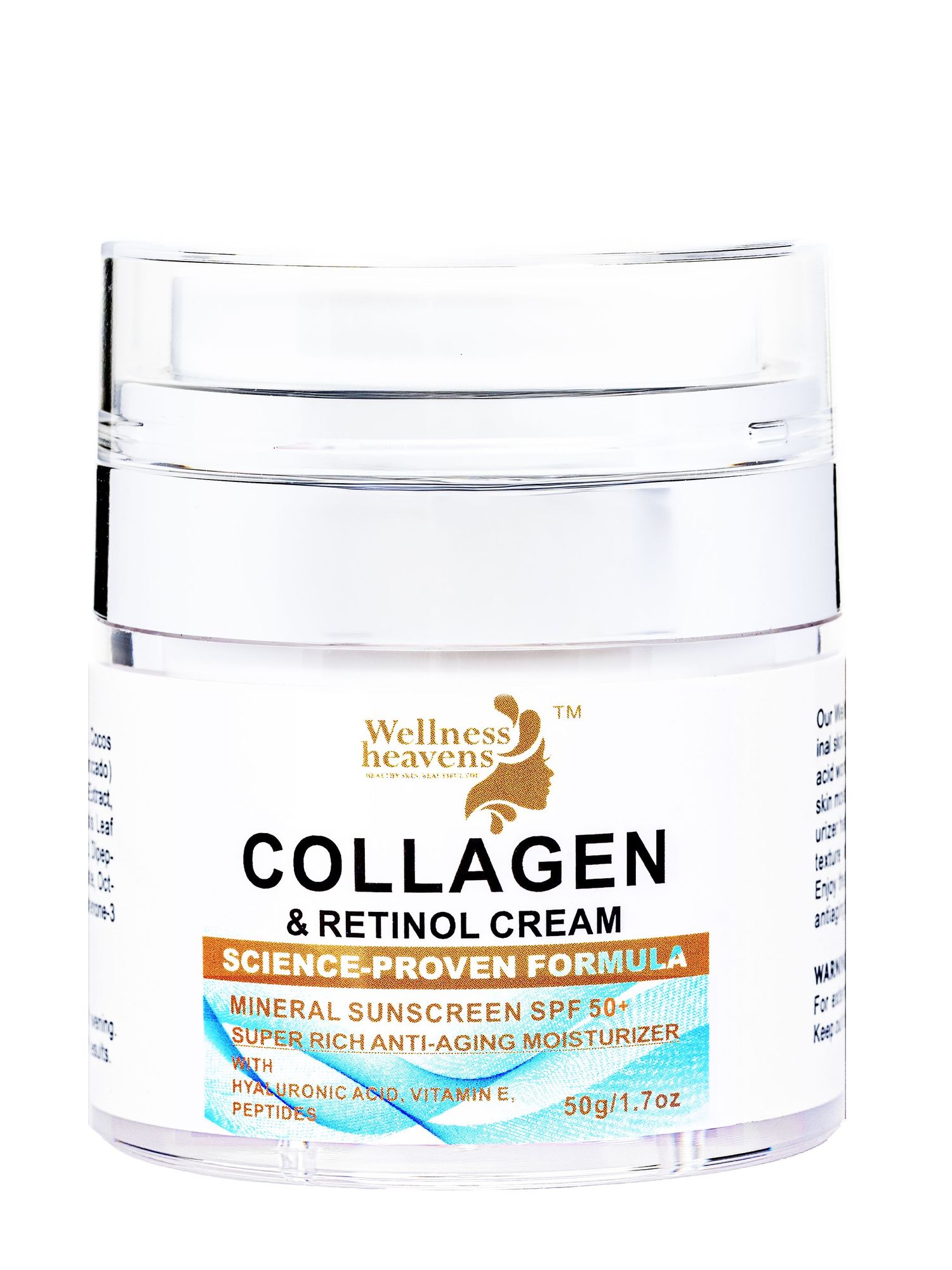 A jar of Wellness Healthcare Collagen and Retinol Cream with mineral sunscreen SPF 50+ and anti-aging moisturizer.