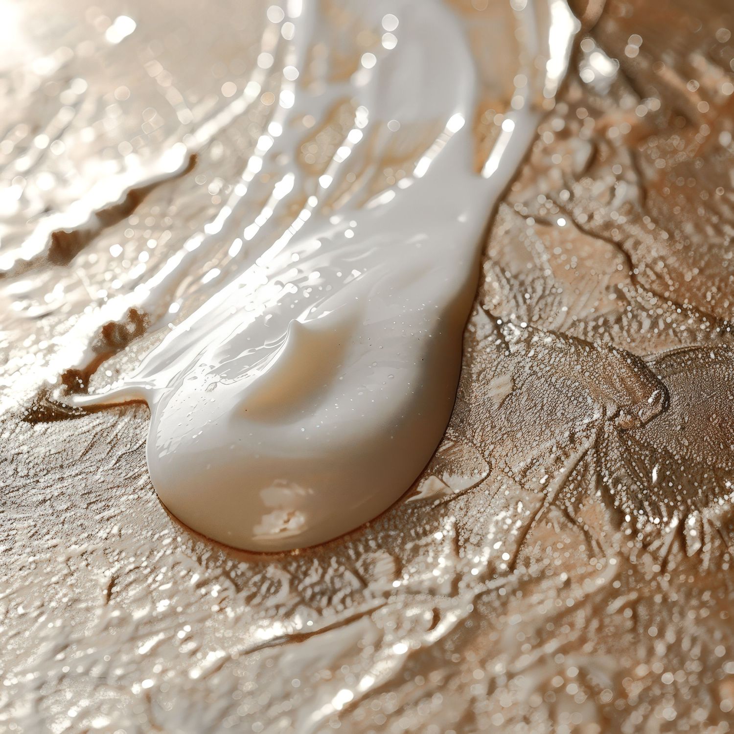 A trail of thick white paint pooling and spreading across a textured bronze-colored metallic surface.