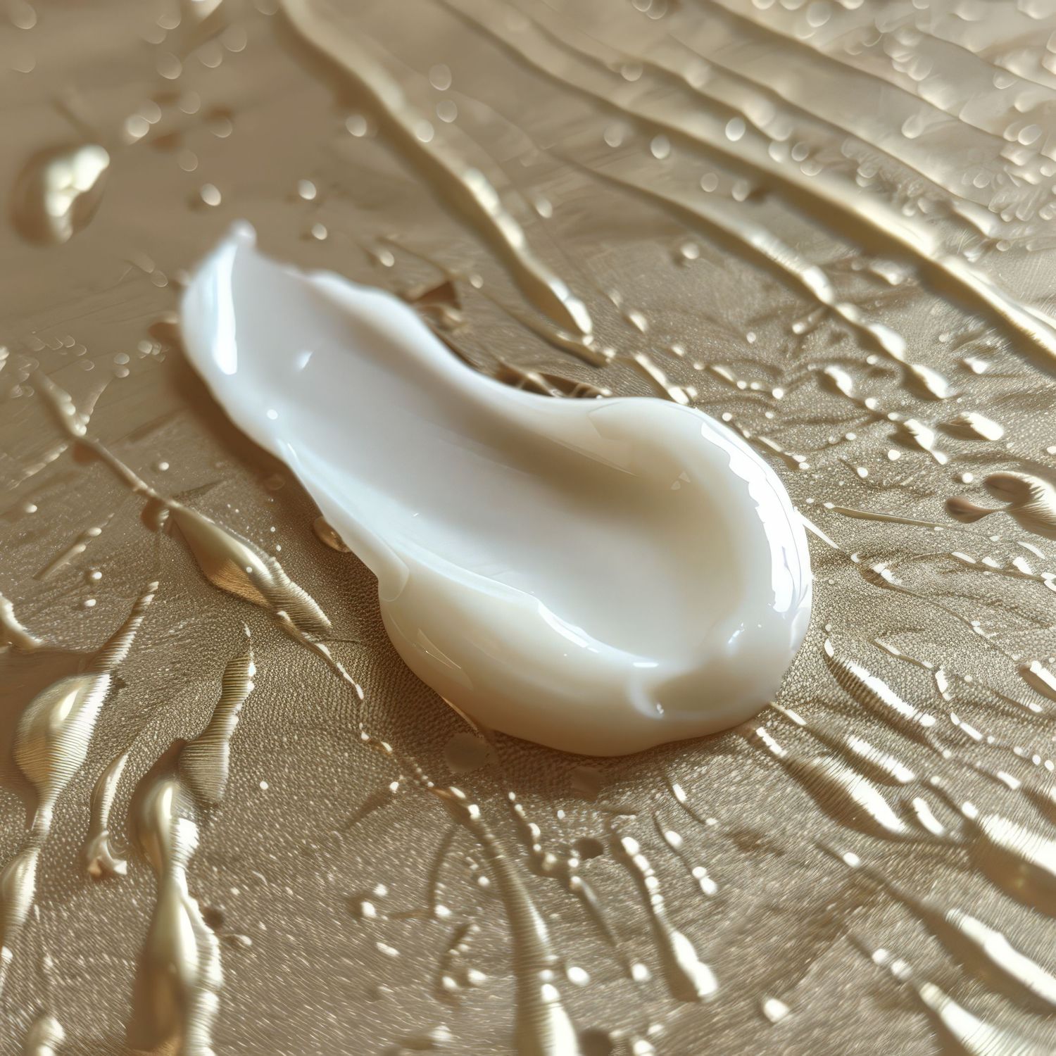 A dollop of white moisturizing cream or lotion on a metallic gold surface with water droplets.