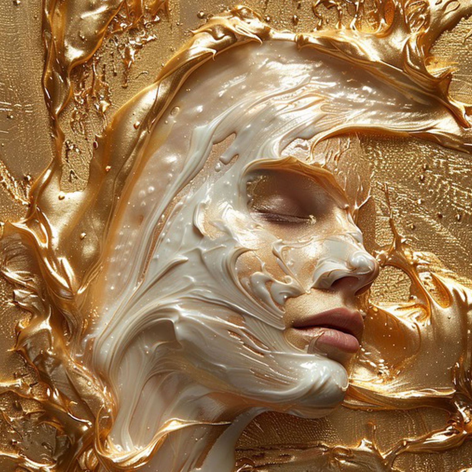 Abstract artistic portrait with white cream swirls and gold metallic textures creating a sculptural effect.