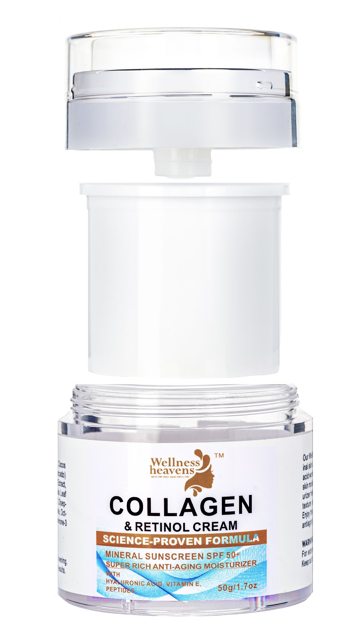 White collagen and retinol face cream jar with mineral sunscreen and anti-aging moisturizer formula.