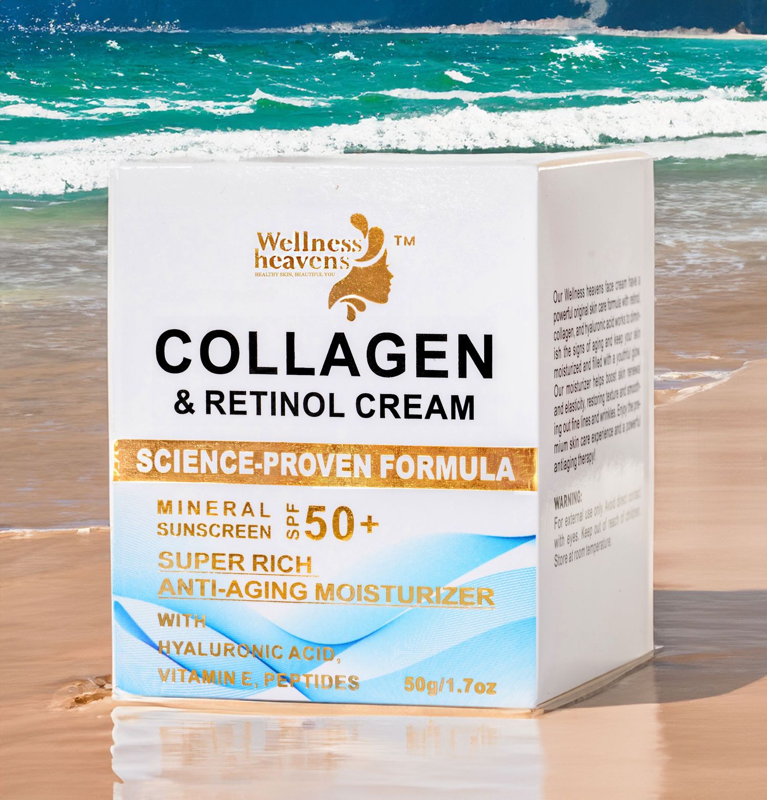 White and gold packaging of Wellness Heaven Collagen and Retinol anti-aging cream with SPF 50+ against turquoise ocean waves.