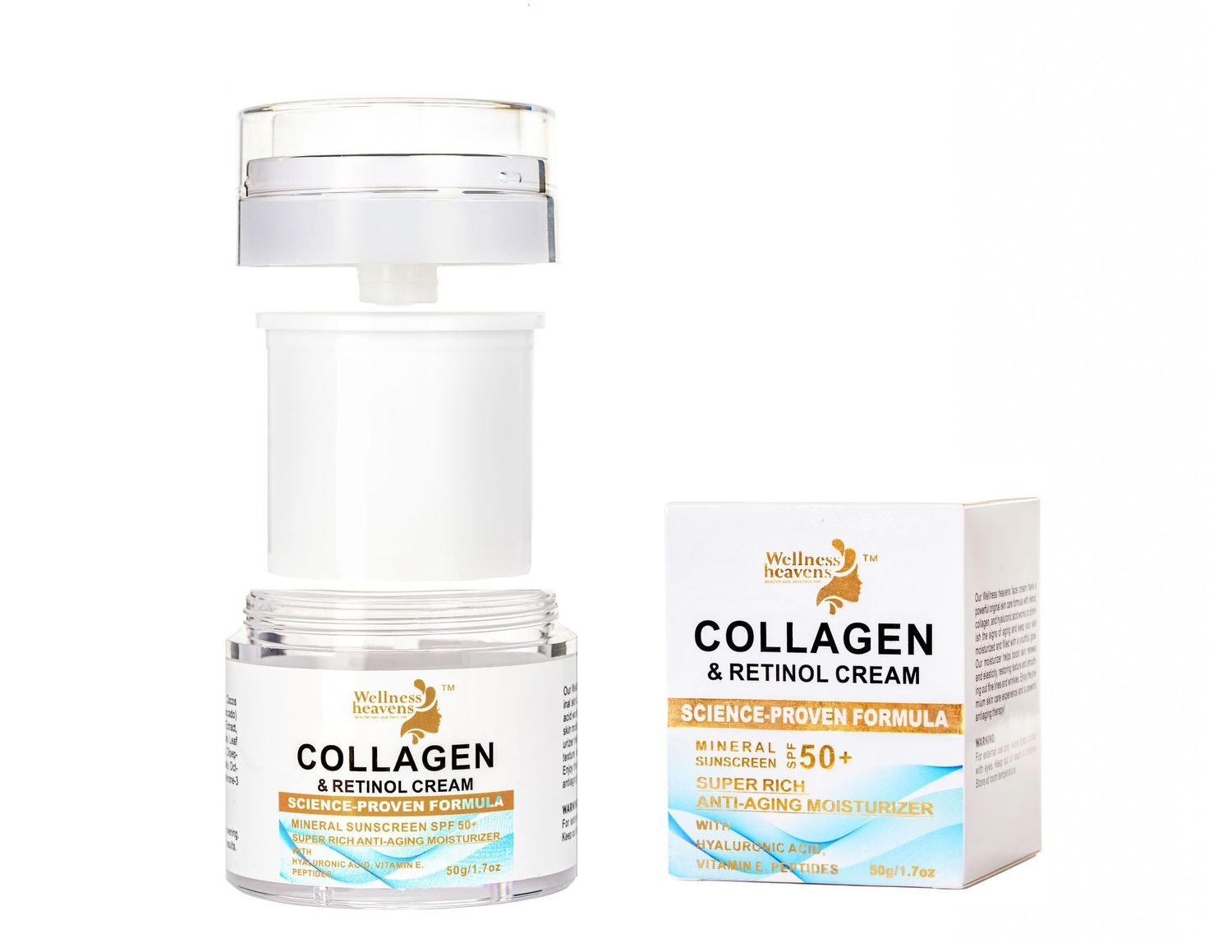 White jar and box of collagen skin care cream with gold accents and tropical-inspired packaging design.