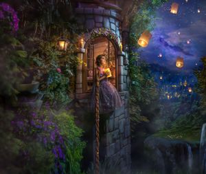 A princess with long hair stands in a stone tower doorway surrounded by lush greenery and glowing lanterns in a magical night sky.