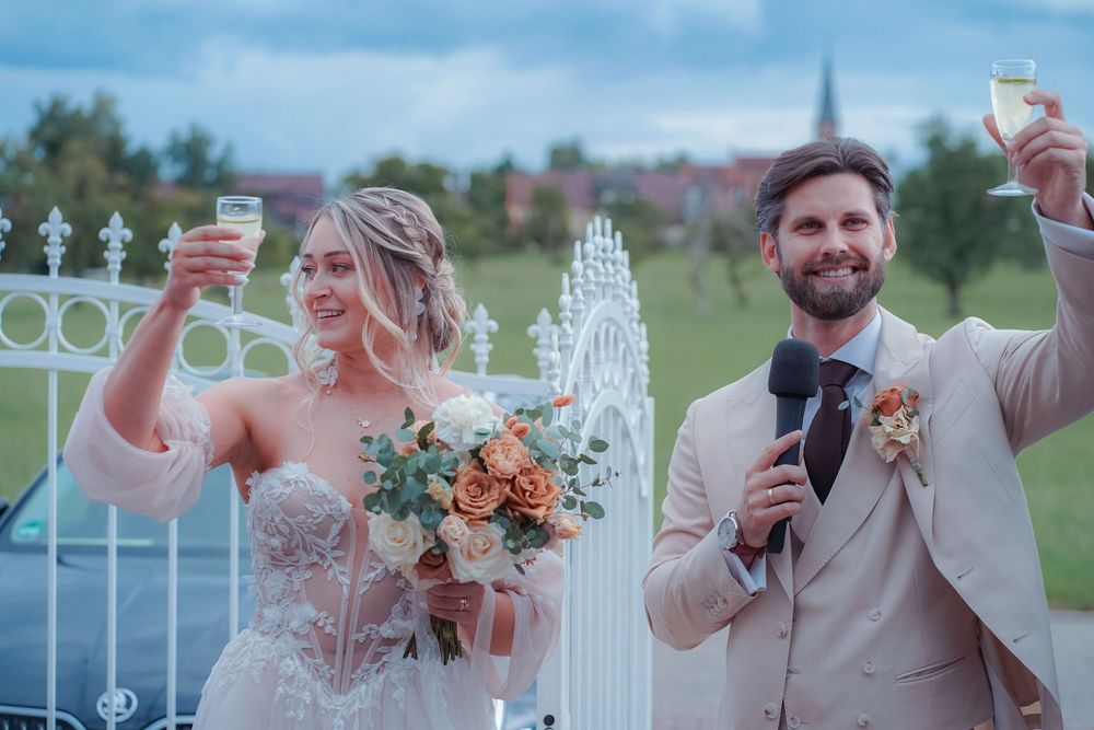A series of wedding photos showing joyful moments between a couple during their outdoor ceremony and reception.