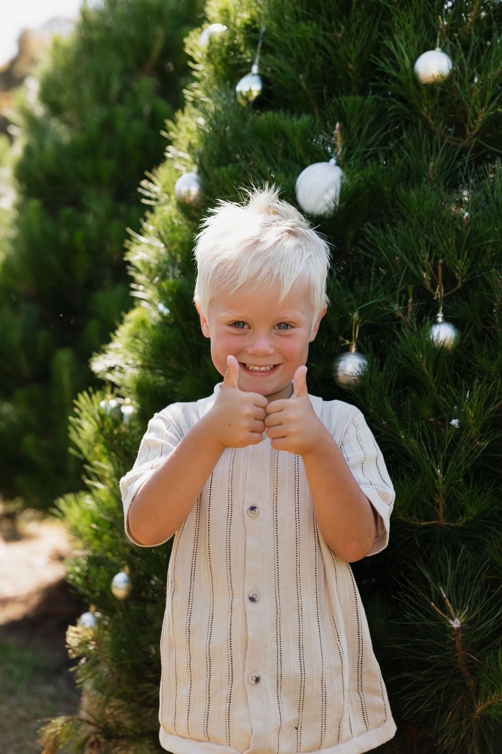 Series of playful expressions near decorated evergreen trees in natural lighting at Christmas tree farm.