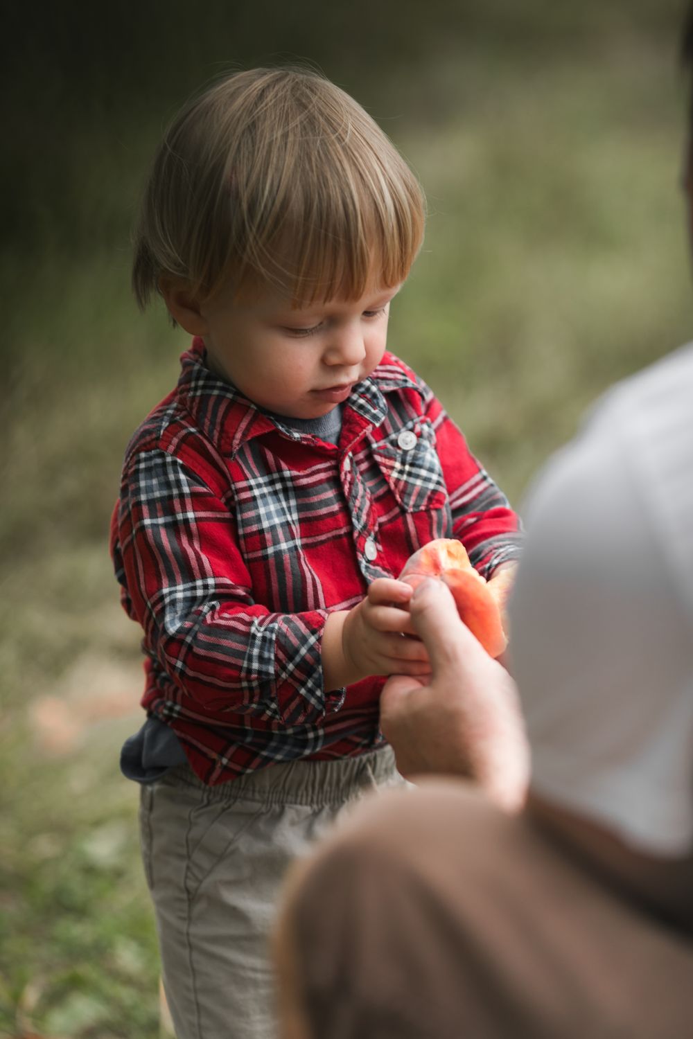 A toddler in a red plaid shirt and overalls reaching out in an outdoor setting.