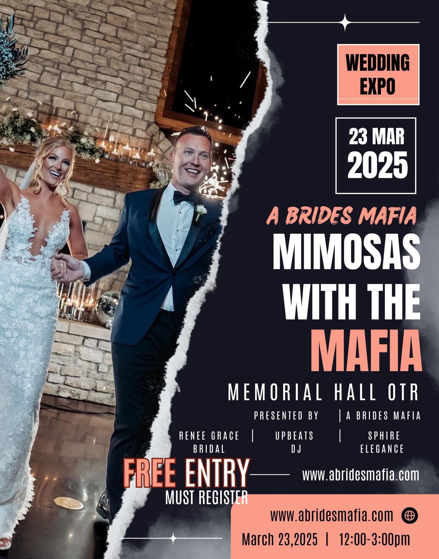 A wedding expo promotional poster advertising 'Mimosas with the Mafia' event on March 23, 2025 at Memorial Hall QTR.