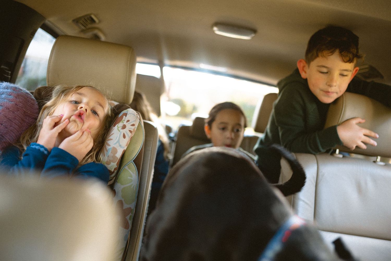 kids piled in a car with dog late afternoon family documentary photo session virginia beach, virginia