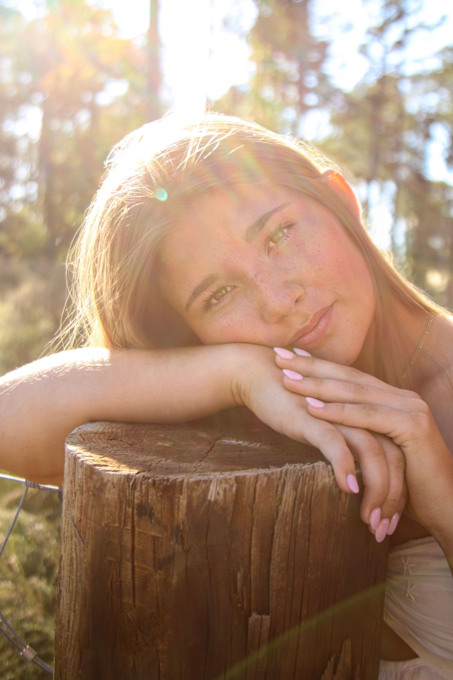 Artistic portrait of someone resting their face on a wooden post in golden sunlight.