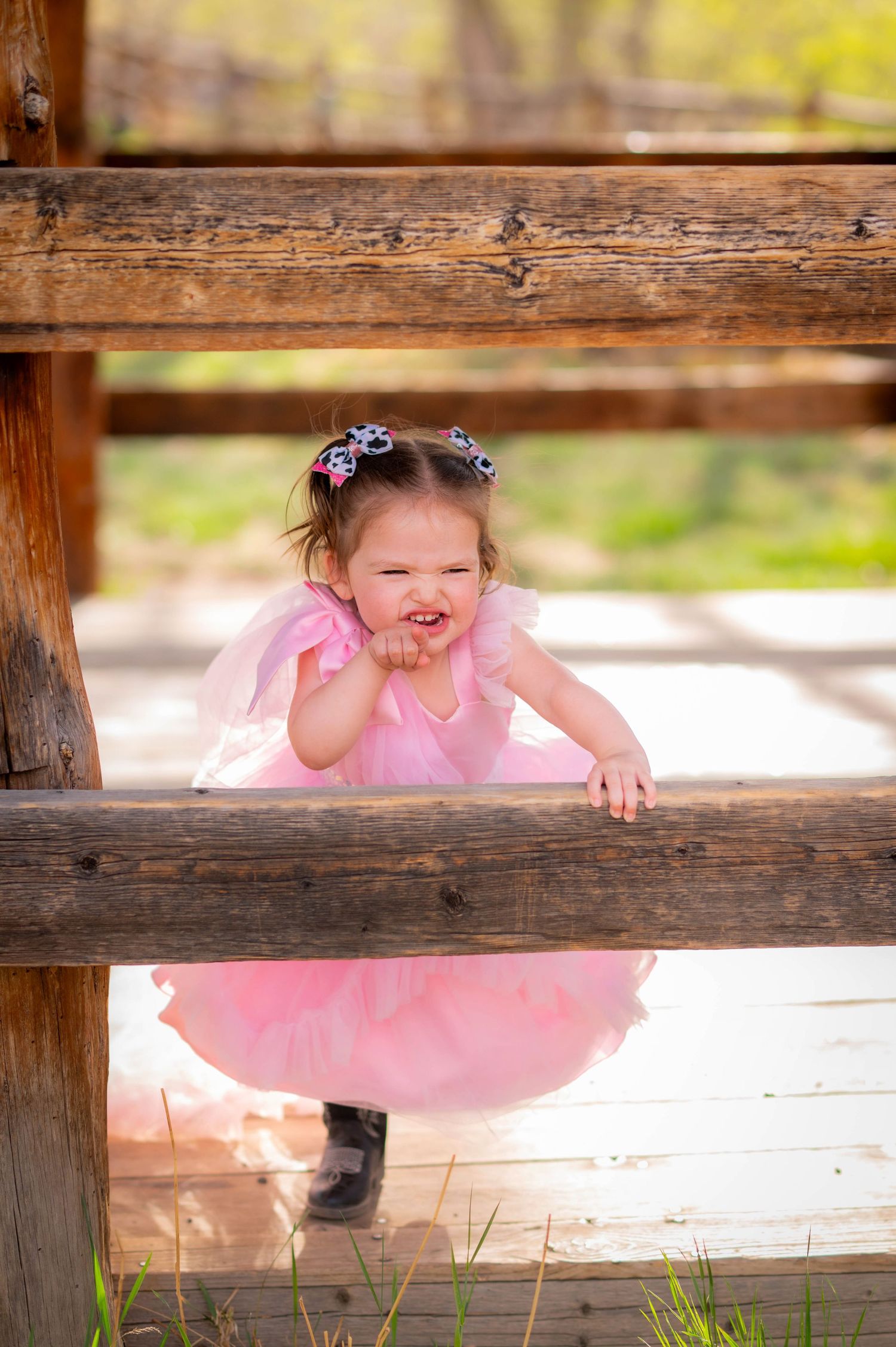 Toddler girl in pink tutu fairy costume playing on wooden playground structure outdoors.
