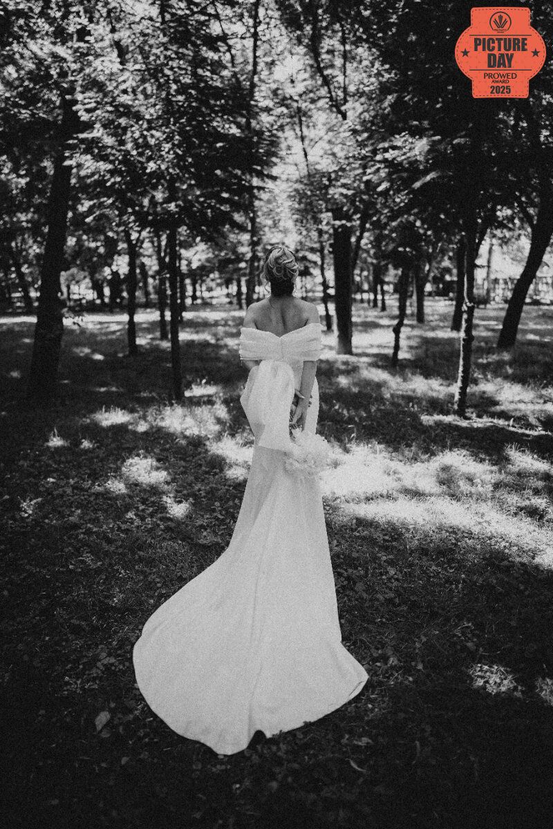 Bride in elegant off-shoulder white gown with train stands among trees in black and white forest photo.