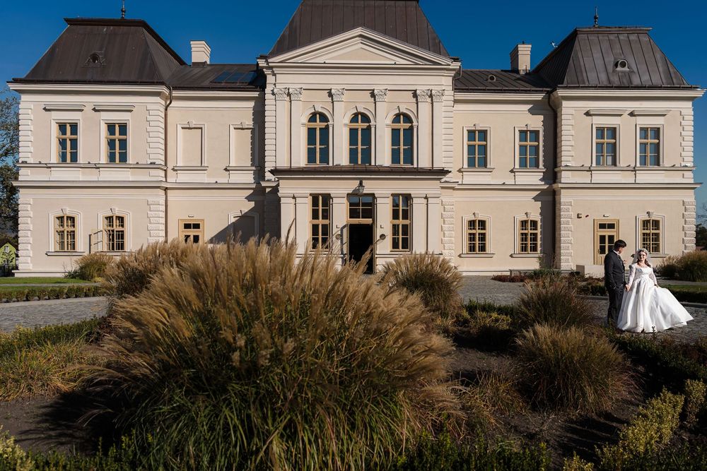 Bride and groom pose in front of an elegant white historic manor surrounded by ornamental grasses on a sunny day.