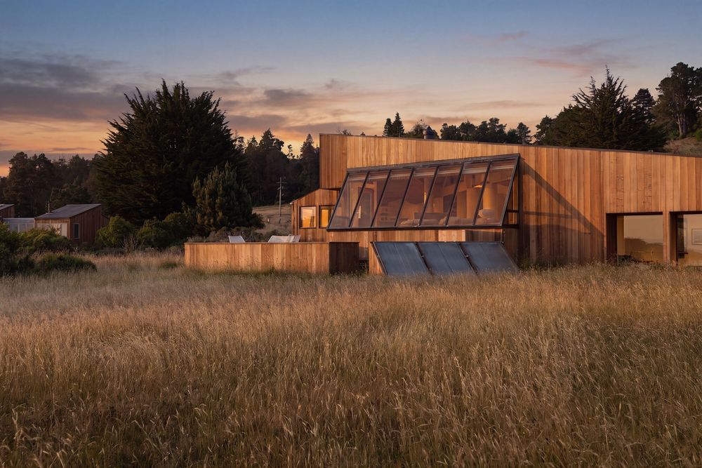 Modern eco-friendly home with cedar cladding and greenhouse roof panels set amid golden grasslands at dusk.