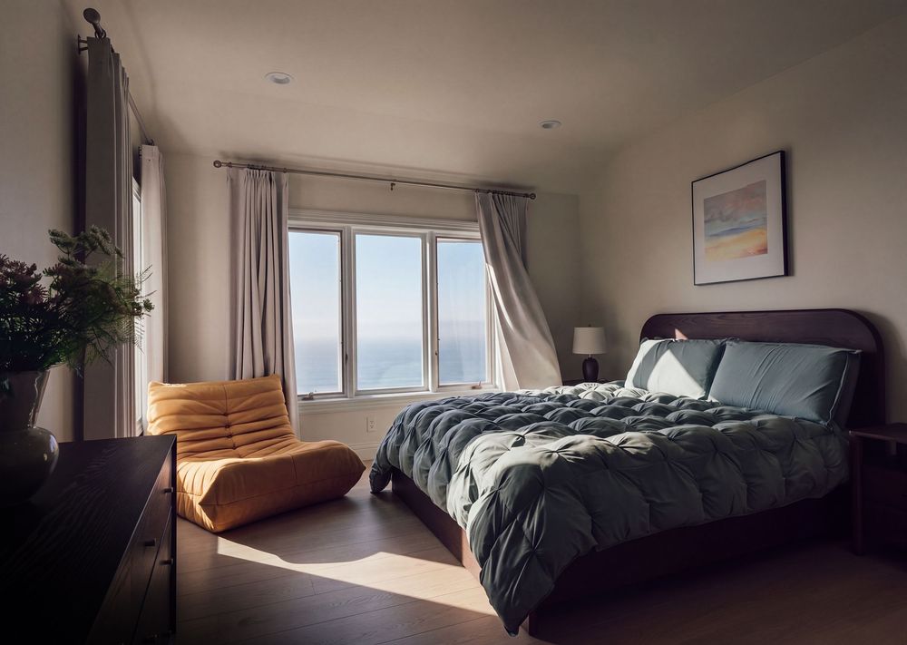 Modern bedroom with gray bedding, yellow lounge chair, and panoramic ocean view window with sheer curtains.