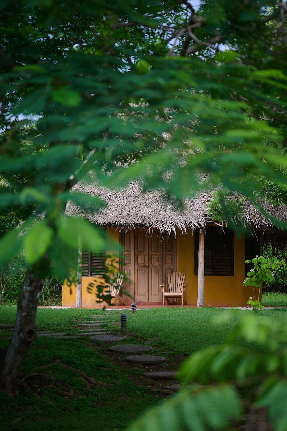 Traditional thatched-roof bungalows surrounded by lush tropical foliage and trees.