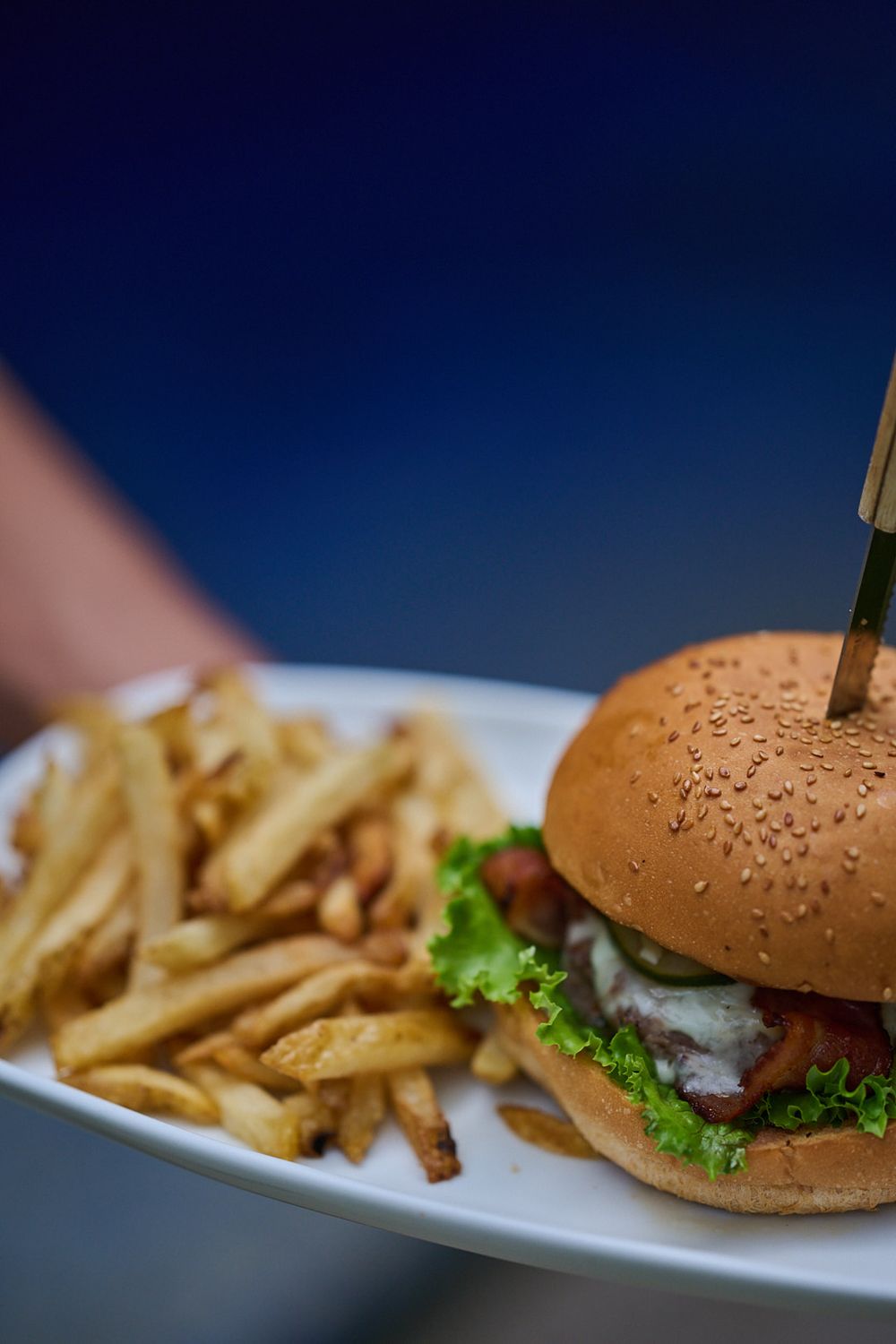 A close-up sequence of five frames showing a hamburger and fries on a white plate against a dark background.