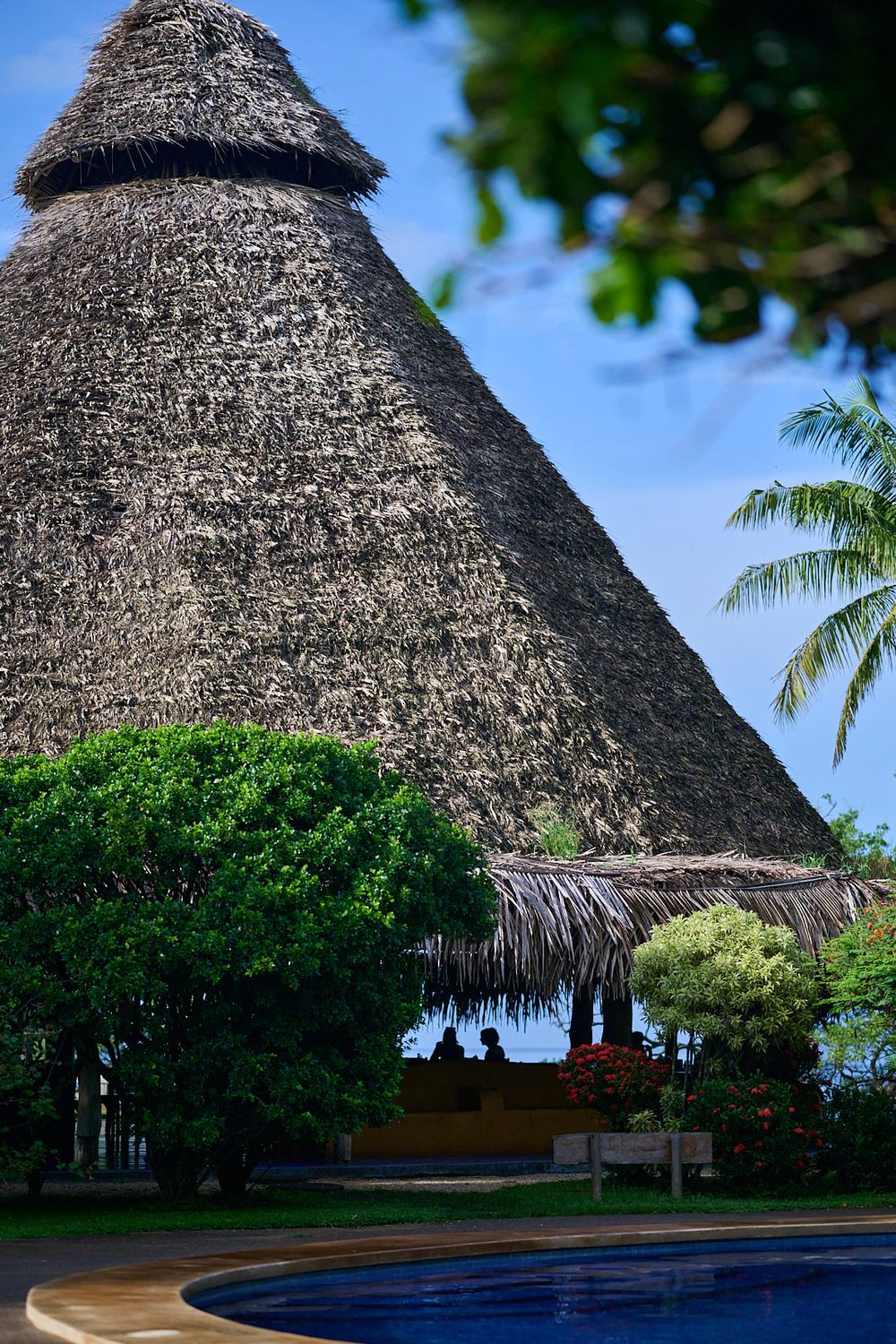 Scenic poolside view with a rustic thatched-roof structure and palm trees against a blue sky backdrop in a tropical resort setting.