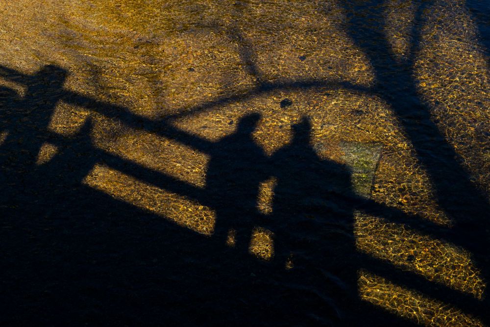 Long shadows cast on golden ground showing silhouettes of visitors at a viewpoint.